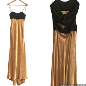 Favianna New York Satin Gold Black Open Laced Back Maxi Gown Dress 9/10